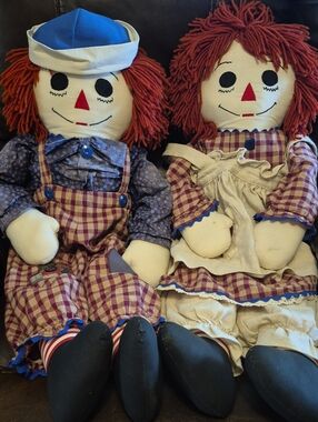 Raggedy Ann  Andy Large Dolls Vintage Style Yarn Hair Cotton Clothes 70s 80s 36"